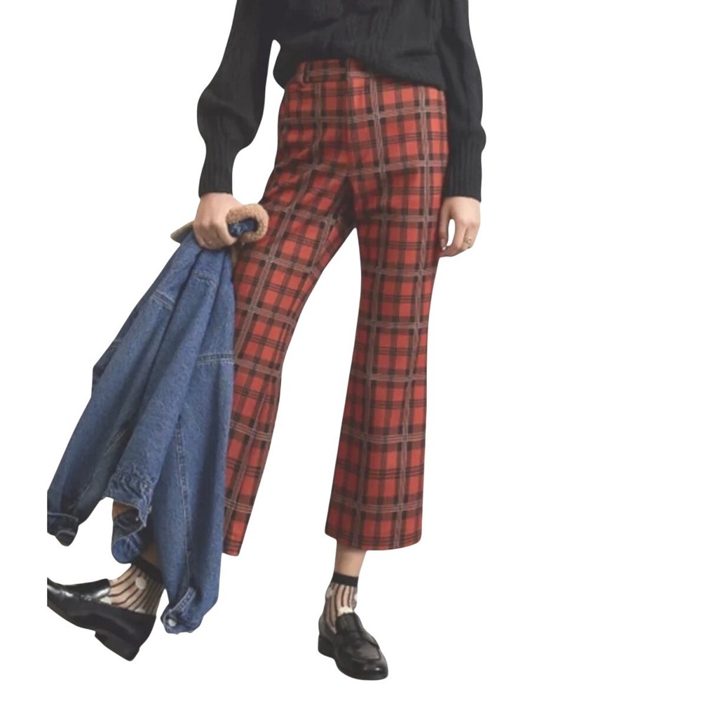 Avec Les Filles Maria Kick Flare Plaid Cropped Pants Orange Black Size 12 NWT